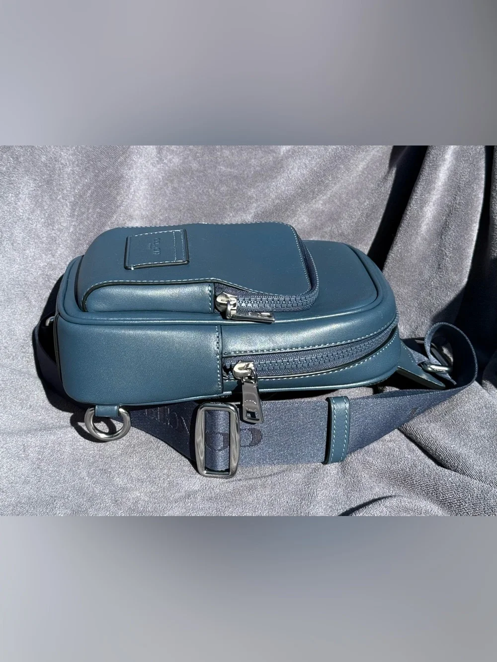 COACH Racer Sling Pack In Smooth Leather in Dark Denim Blue with Silver Hardware - Picture 5 of 14